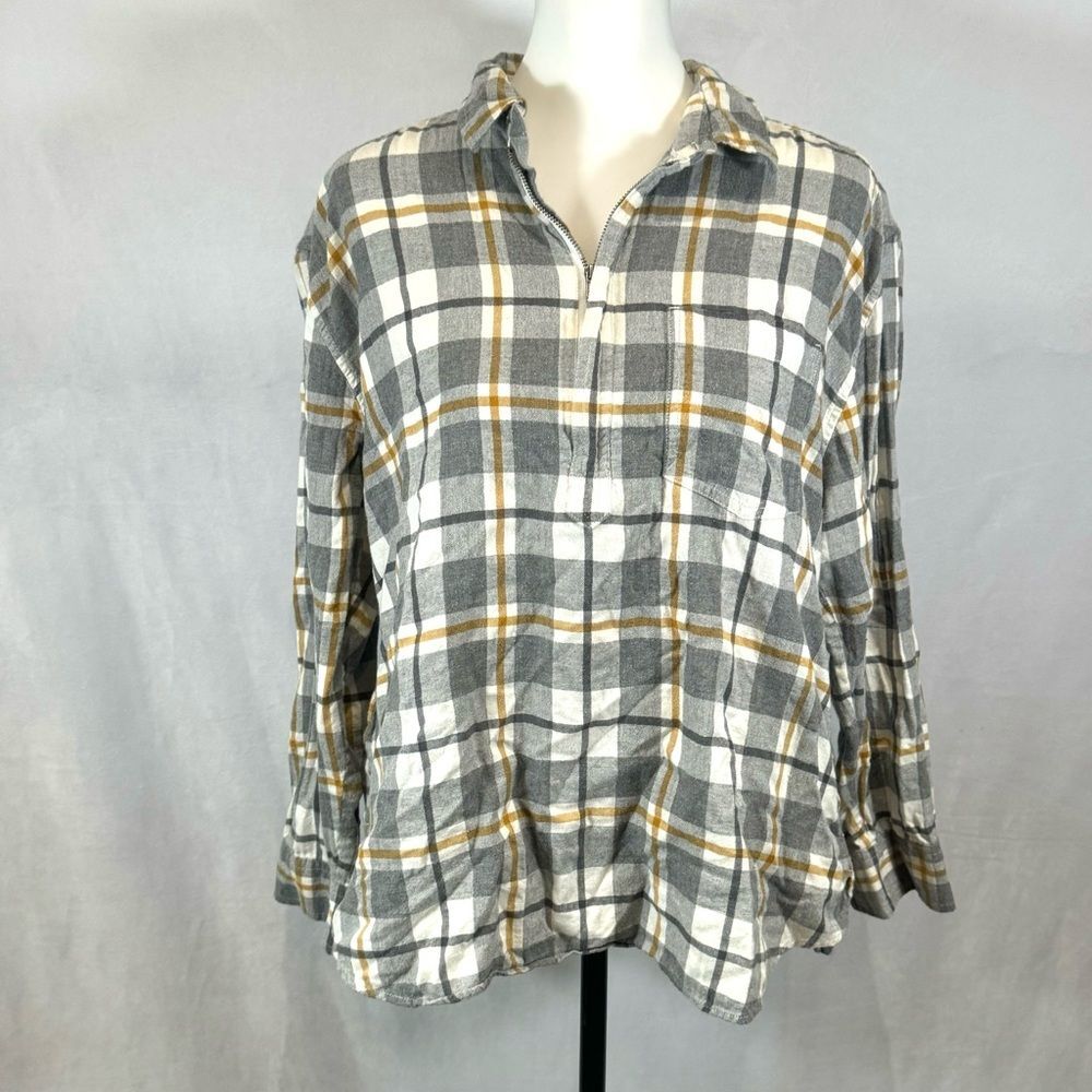 Eddie Bauer boyfriend fit gray & mustard yellow plaid flannel tunic size large